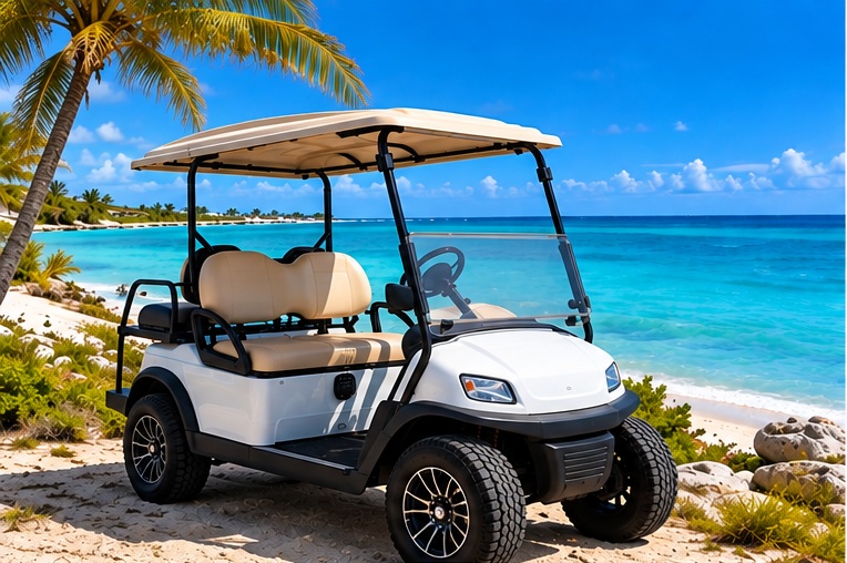 White golf cart available for exploring Grand Turk