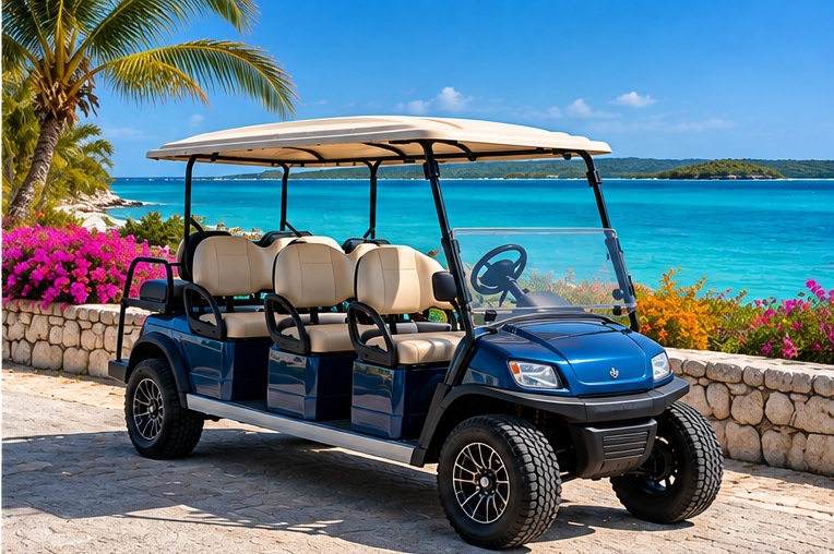 Blue six-seat golf cart available in Grand Turk