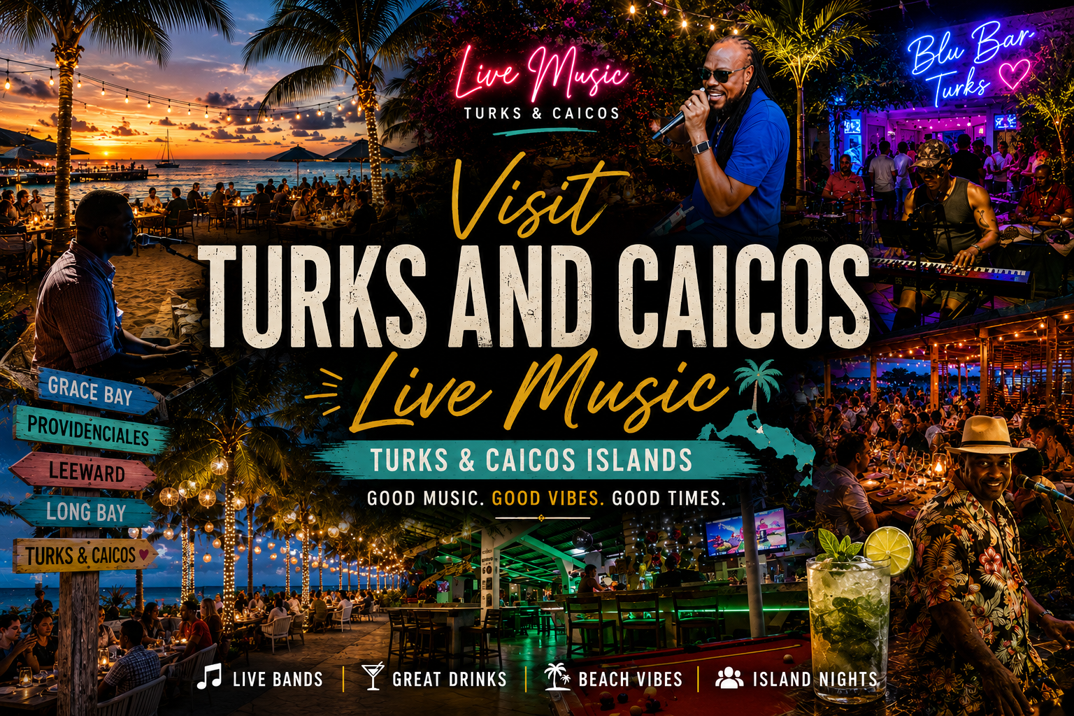 Live music scene in Turks and Caicos with beach bars, sunset and performers