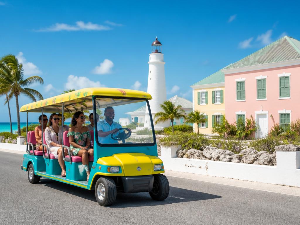 Colorful golf cart tour passing the Grand Turk Lighthouse