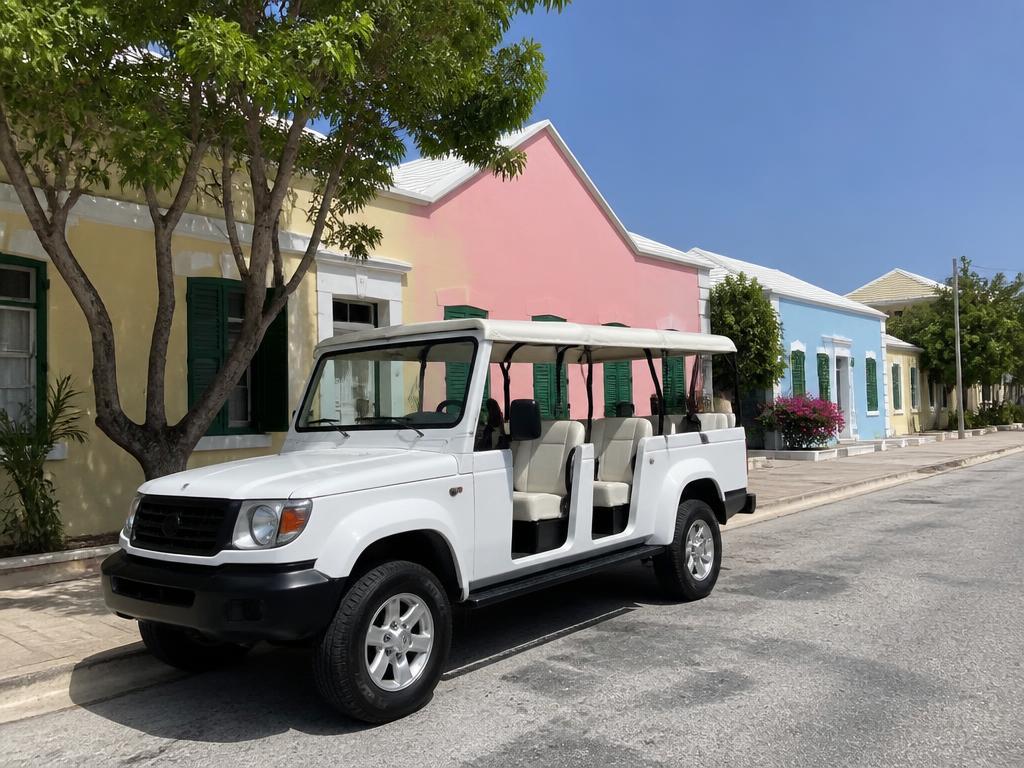 Open-air taxi tour vehicle on a pastel street in Cockburn Town